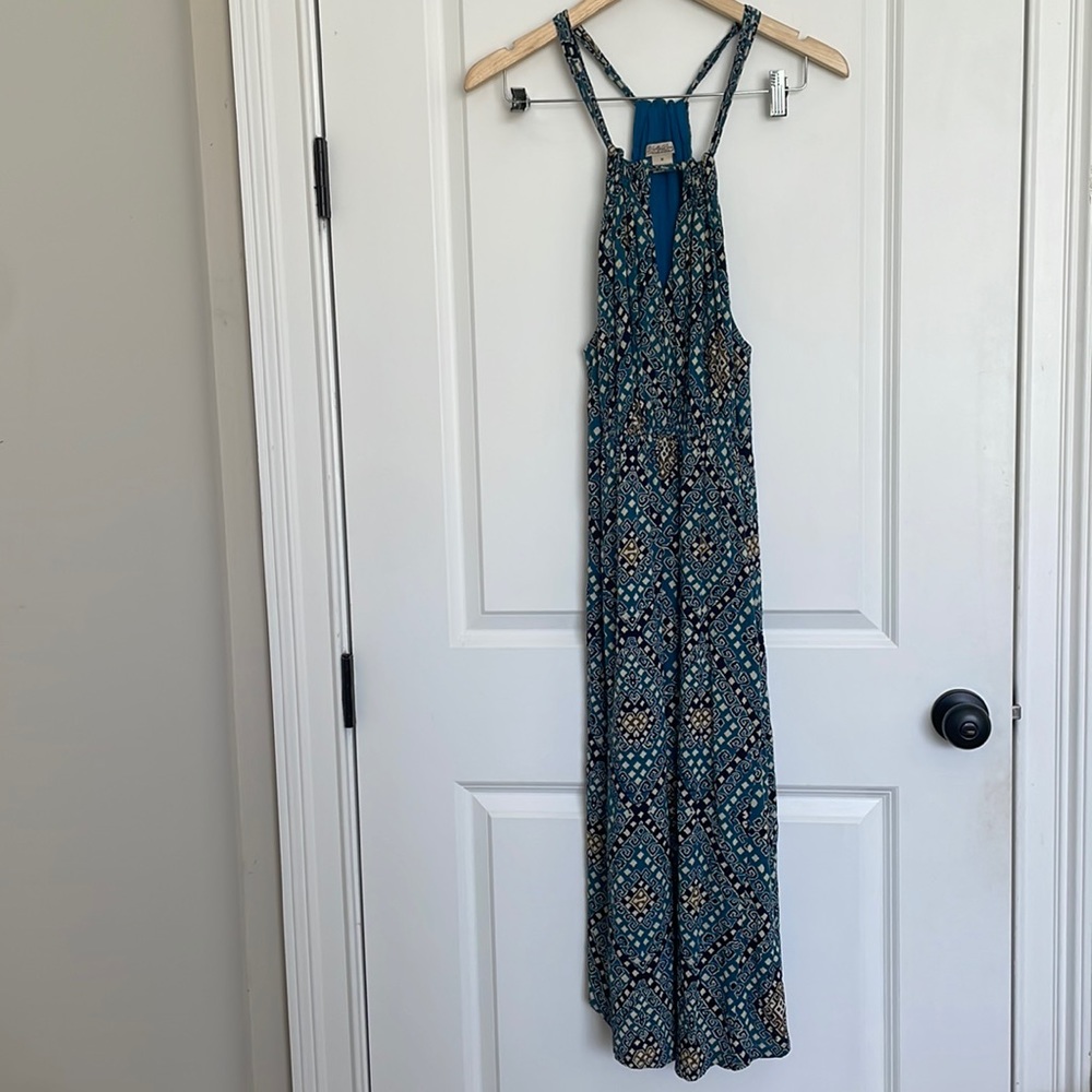 Lucky Brand Boho Halter Dress Blue Black M 10/12  Hi-lo hem Diamond pattern